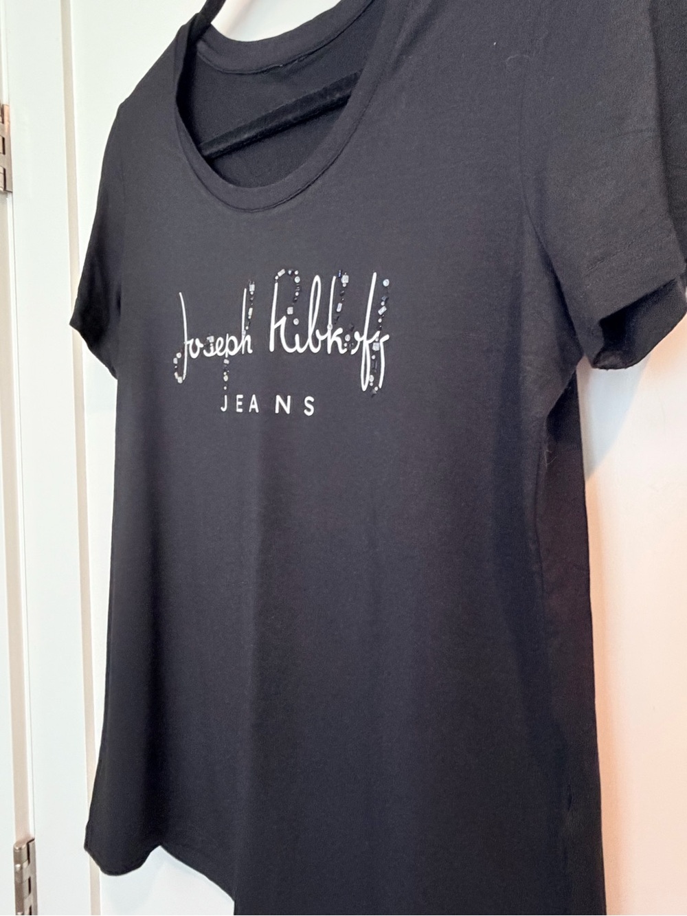 JOSEPH RIBKOFF JEANS Black Logo Tee Rhinestone Detail Size M Approx